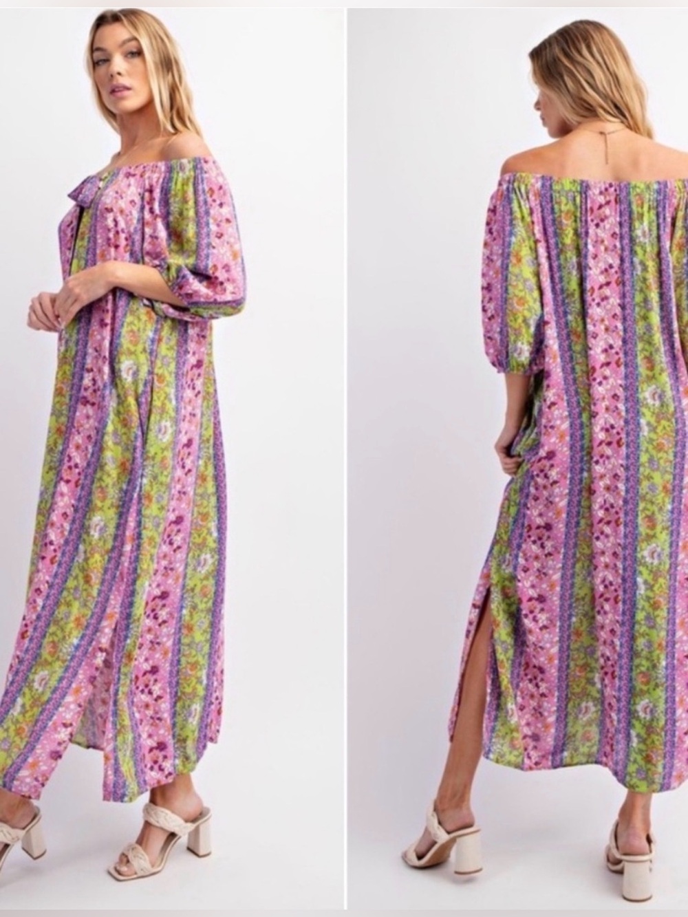 NWT Easel Pink Purple Green Floral Paisley Striped Off-Shoulder Maxi Dress - Picture 3 of 11